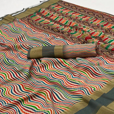 Grey Striped Digital Printed Georgette Saree