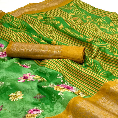 green-floral-printed-dola-silk-saree-with-woven-border