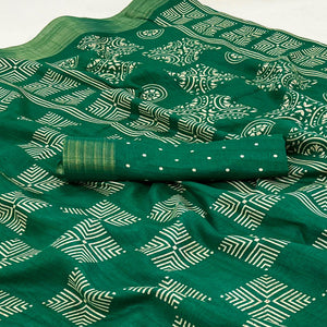 green-printed-cotton-blend-saree-with-woven-border