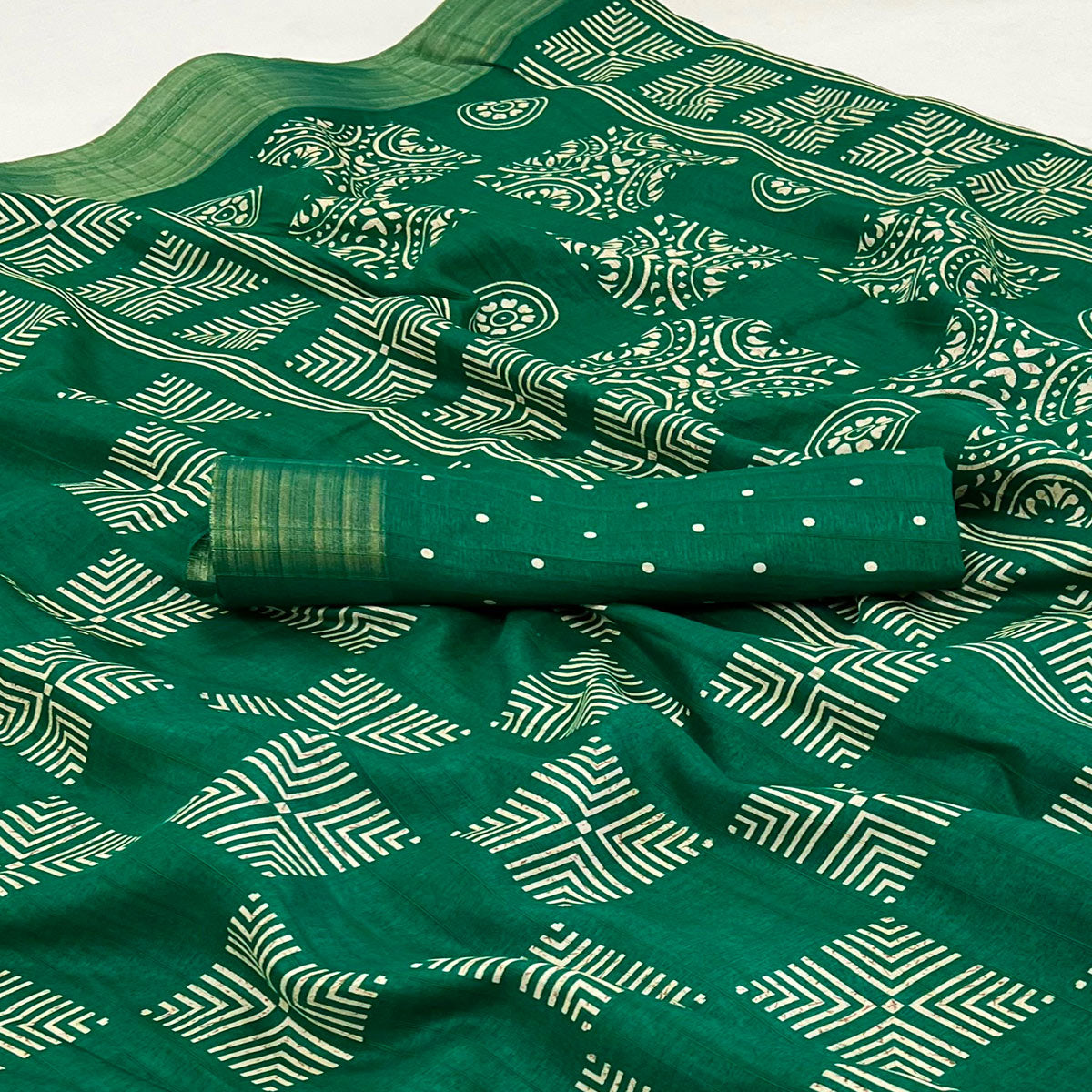 green-printed-cotton-blend-saree-with-woven-border