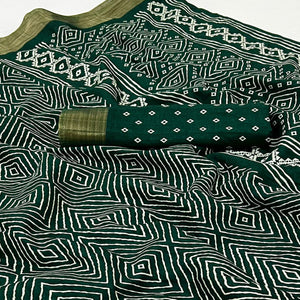 Bottle Green Printed Cotton Blend Saree With Woven Border