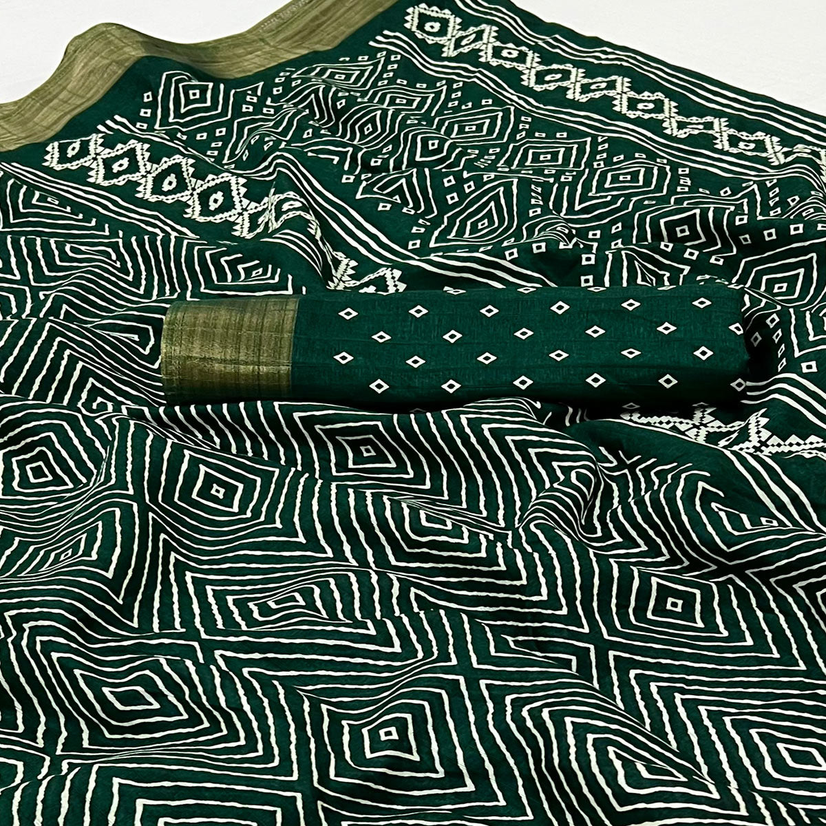 Bottle Green Printed Cotton Blend Saree With Woven Border