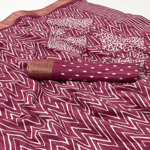 Mauve Printed Cotton Blend Saree With Woven Border