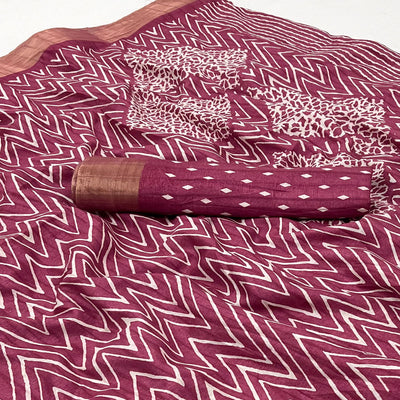 Mauve Printed Cotton Blend Saree With Woven Border