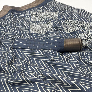 Grey Printed Cotton Blend Saree With Woven Border