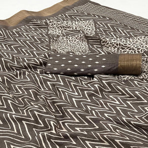 Brown Printed Cotton Blend Saree With Woven Border