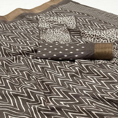 Brown Printed Cotton Blend Saree With Woven Border