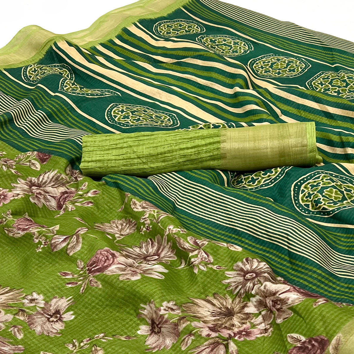 green-floral-printed-dola-silk-saree-with-woven-border-1