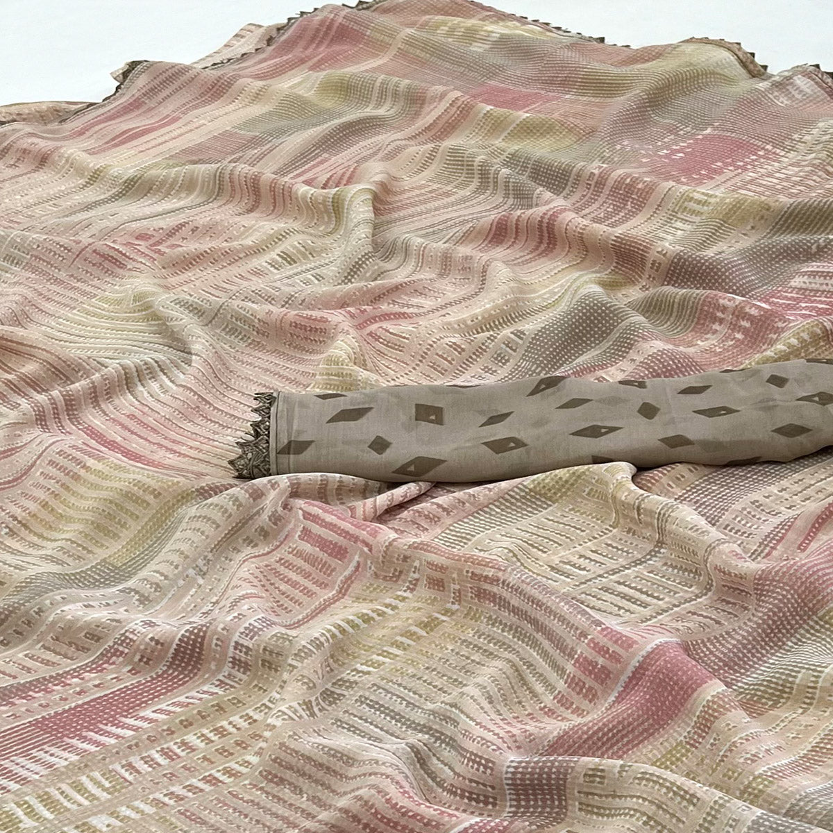 Brown Printed Georgette Saree With Fancy Border