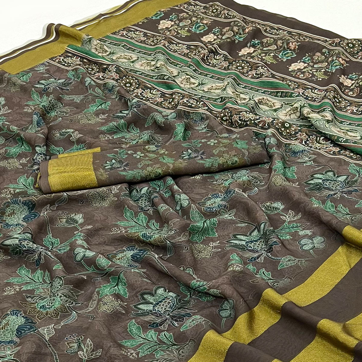 Brown Floral Digital Printed Georgette Saree