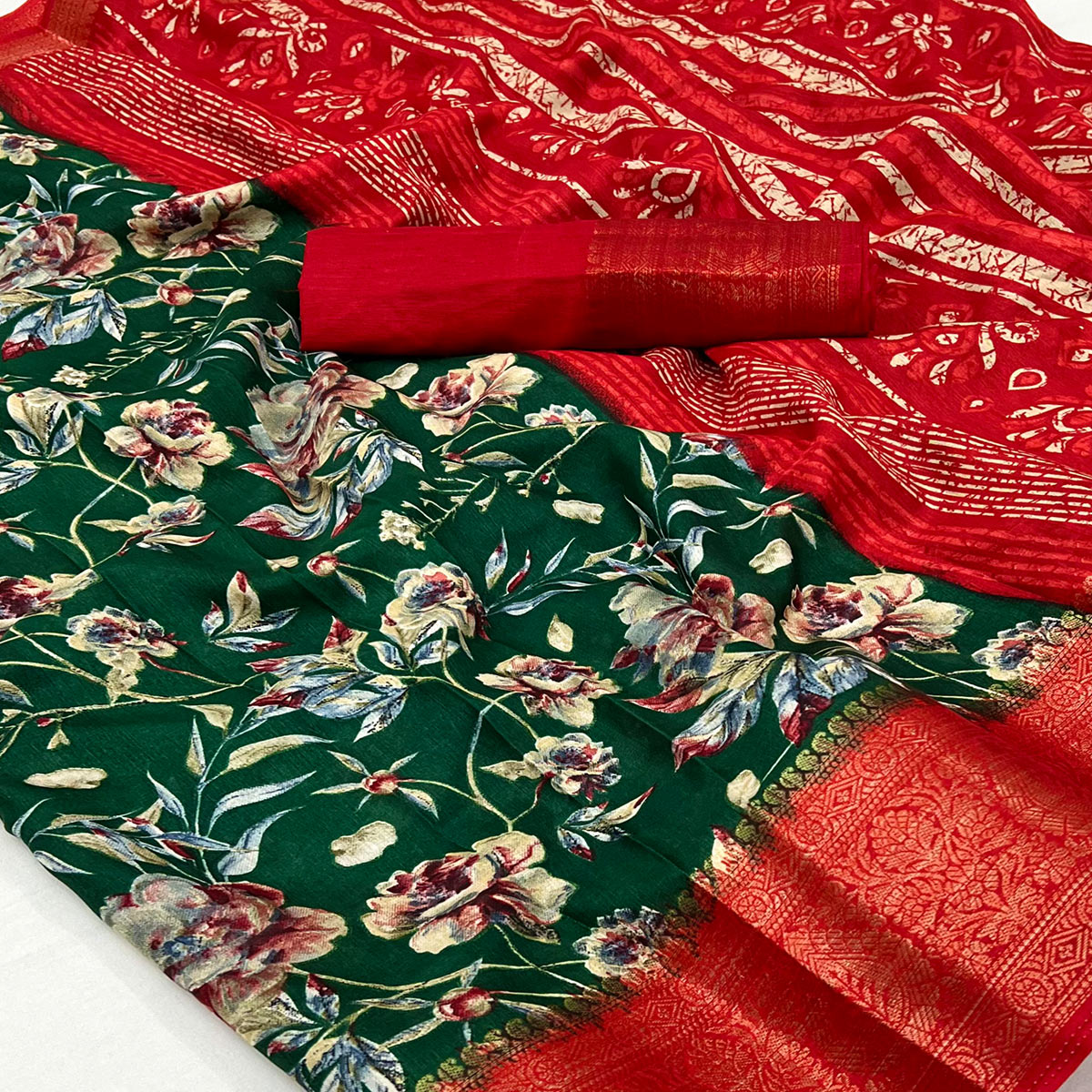 green-floral-printed-with-woven-border-dola-silk-saree-2