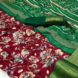 Maroon Floral Printed With Woven Border Dola Silk Saree