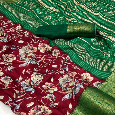 Maroon Floral Printed With Woven Border Dola Silk Saree