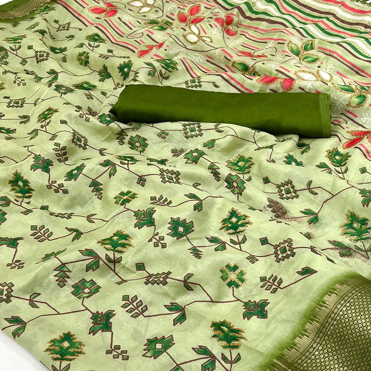 green-floral-printed-with-woven-border-dola-silk-saree-3