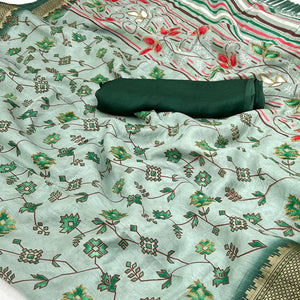 Dusty Green Floral Printed With Woven Border Dola Silk Saree