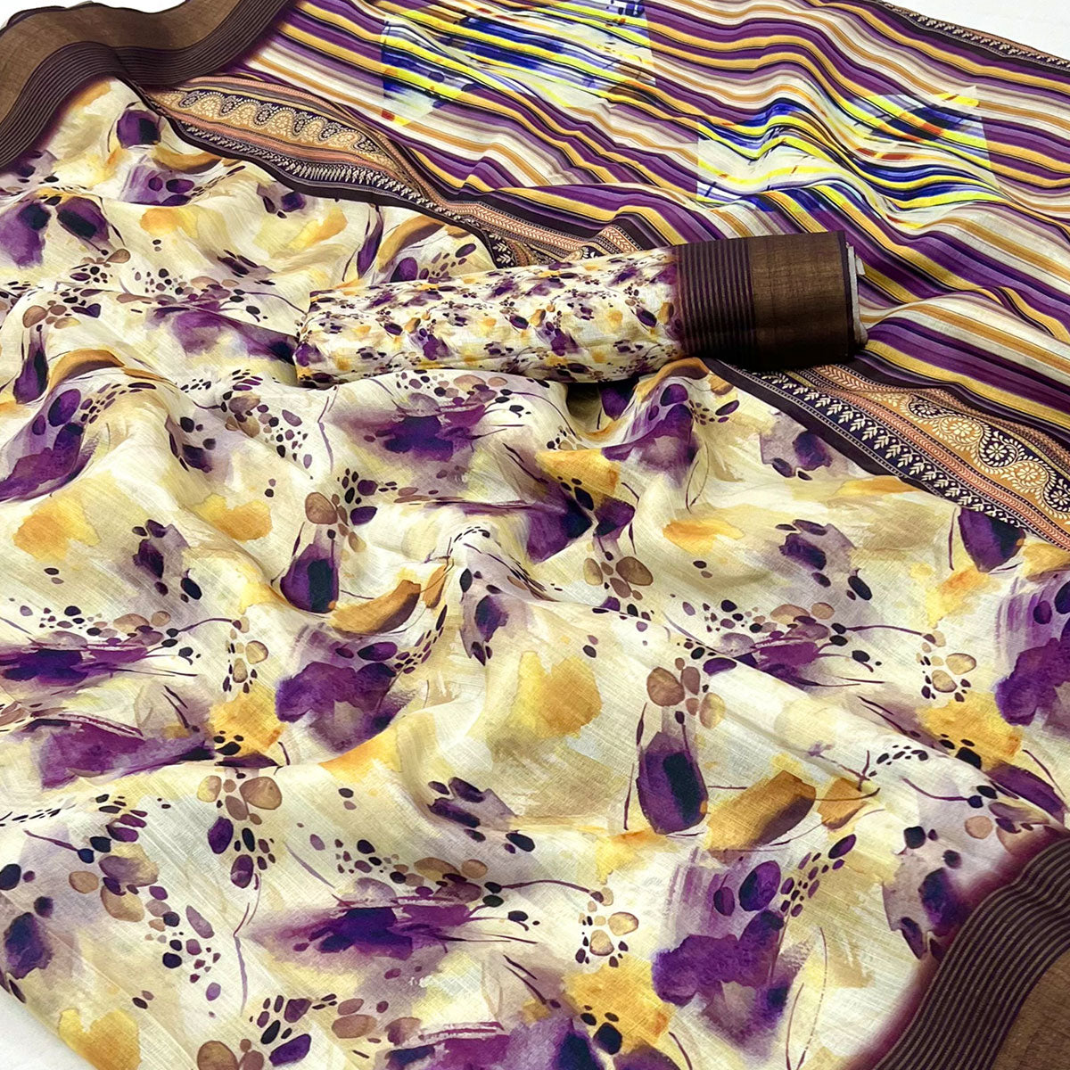 Cream Digital Printed With Woven Border Cotton Silk Saree
