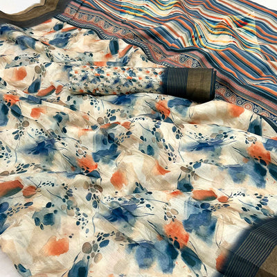 Cream Digital Printed With Woven Border Cotton Silk Saree