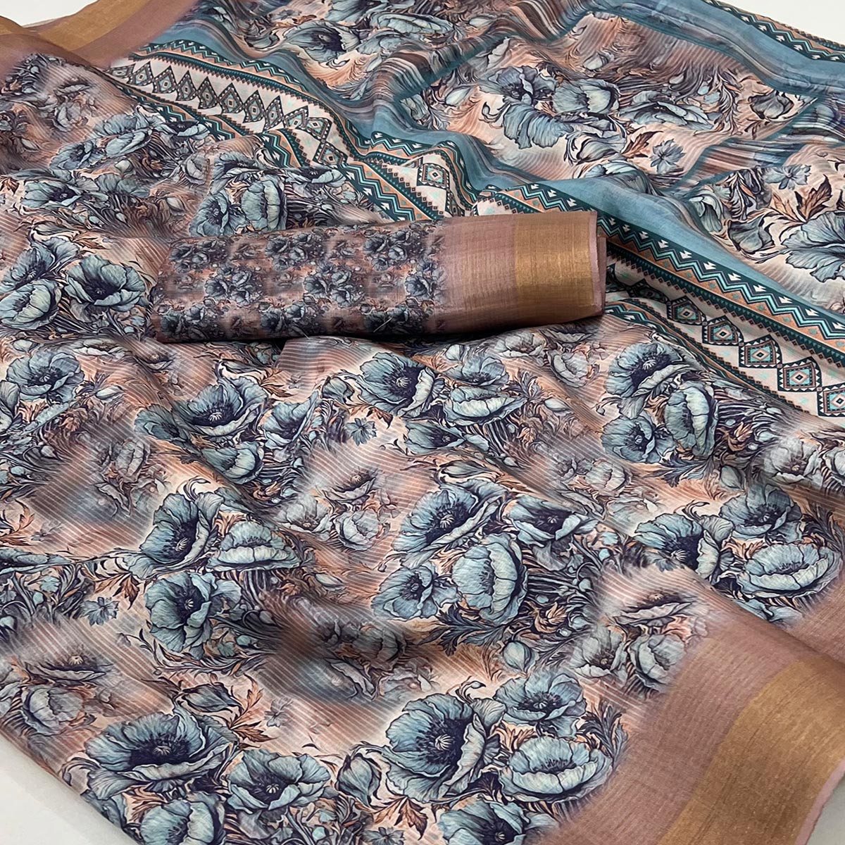 Chikoo Digital Printed With Woven Border Cotton Silk Saree