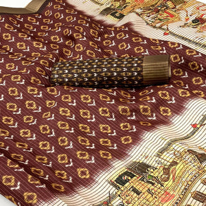 Brown Digital Printed With Woven Border Cotton Silk Saree