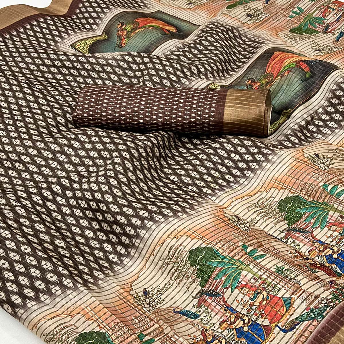 Coffee Brown Digital Printed With Woven Border Cotton Silk Saree