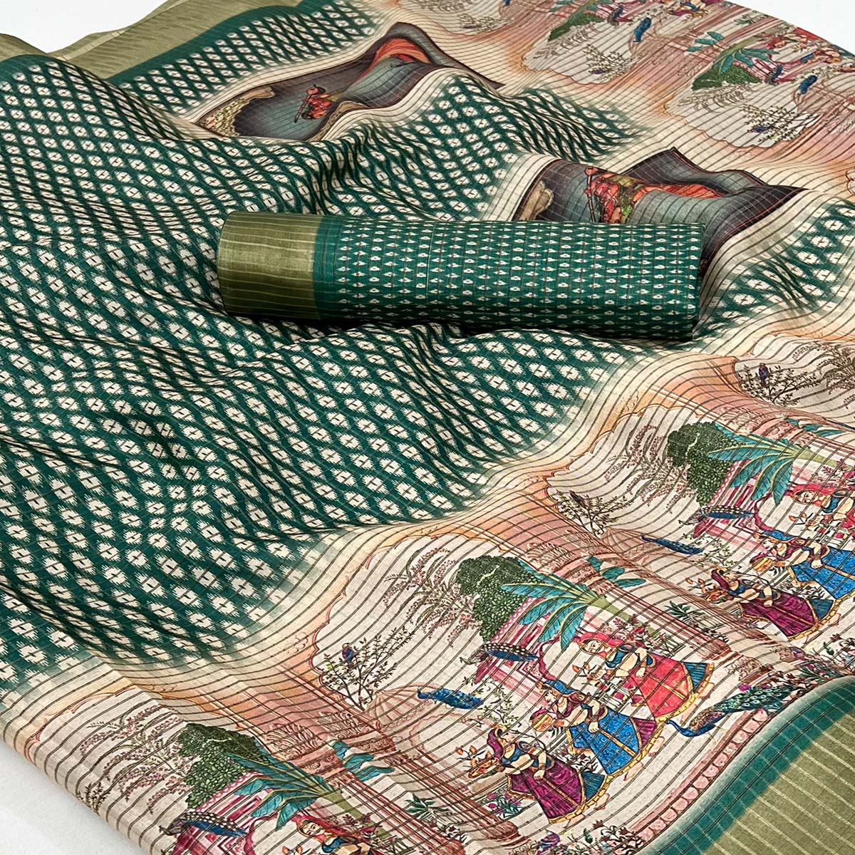 green-digital-printed-with-woven-border-cotton-silk-saree