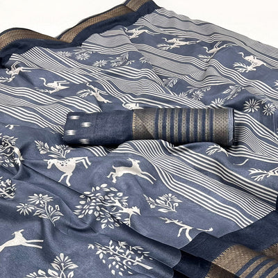 Grey Printed Dola Silk Saree With Woven Border