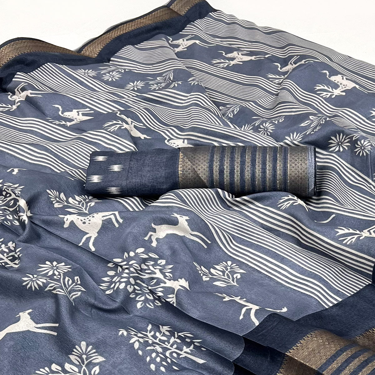 Grey Printed Dola Silk Saree With Woven Border