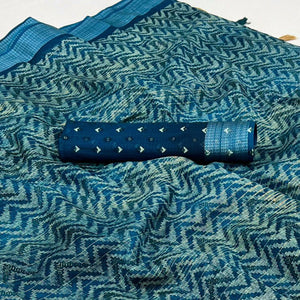 Blue Zig Zag Printed Kota Doria Saree With Tassels