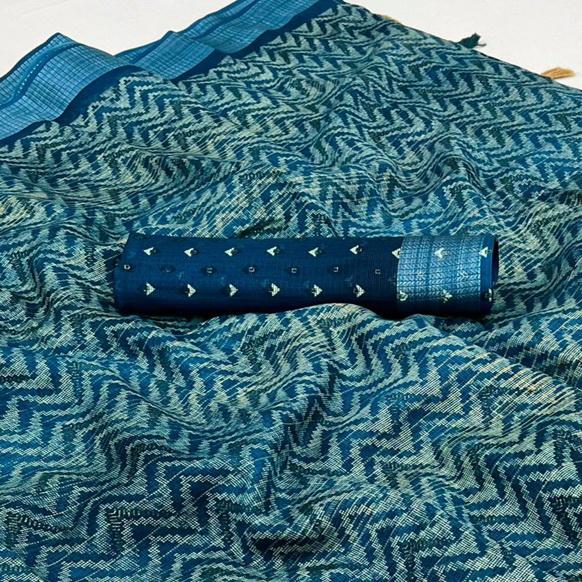Blue Zig Zag Printed Kota Doria Saree With Tassels