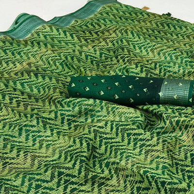 Bottle Green Zig Zag Printed Kota Doria Saree With Tassels