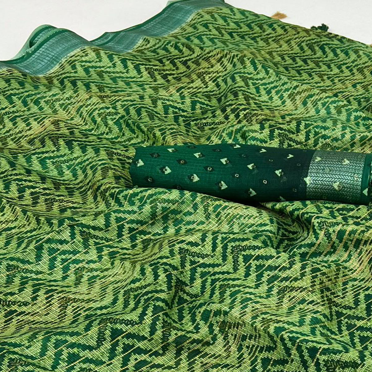 Bottle Green Zig Zag Printed Kota Doria Saree With Tassels