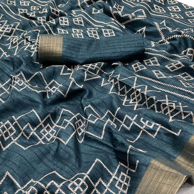 Dark Teal Blue Printed Cotton Blend Saree With Zari Border