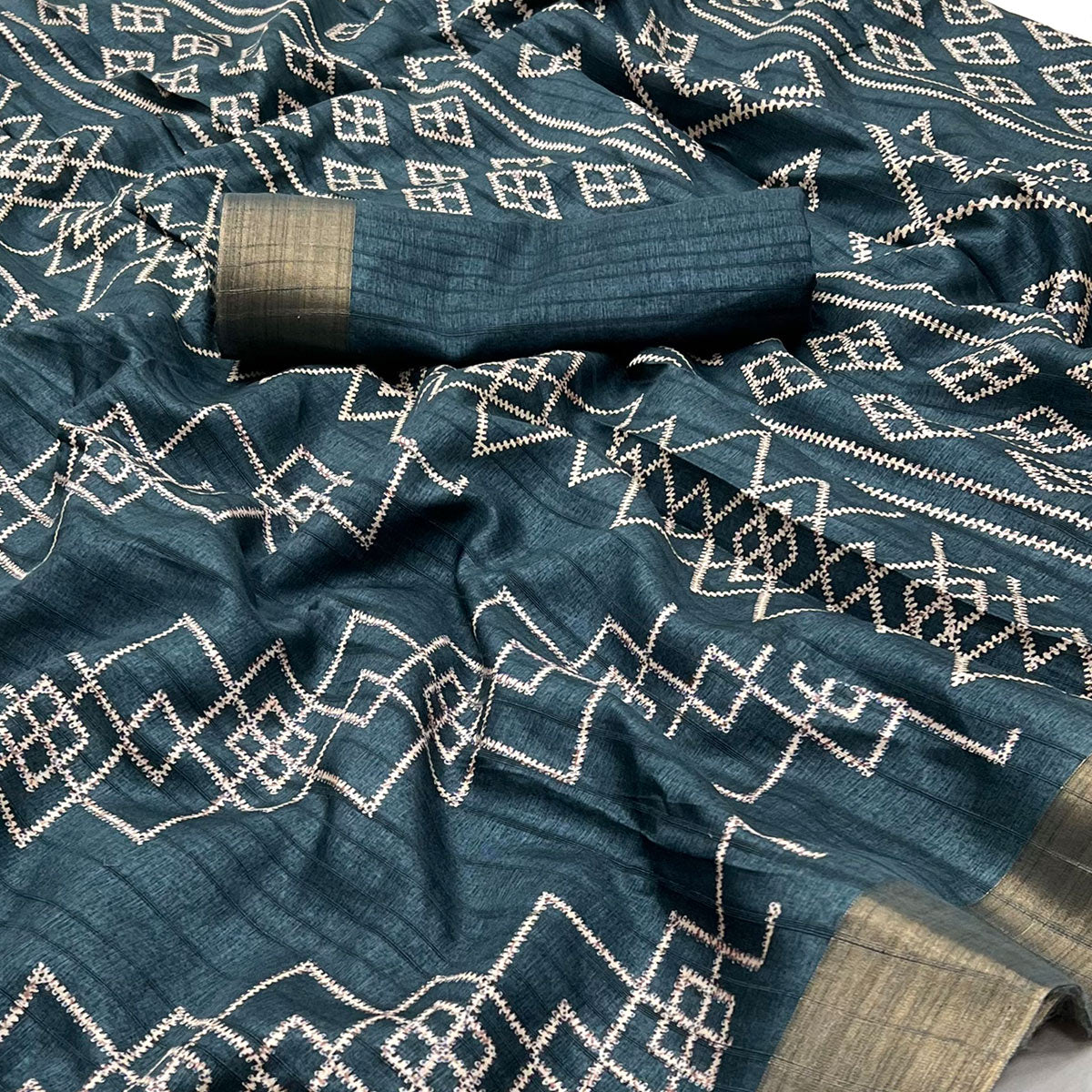 Dark Teal Blue Printed Cotton Blend Saree With Zari Border