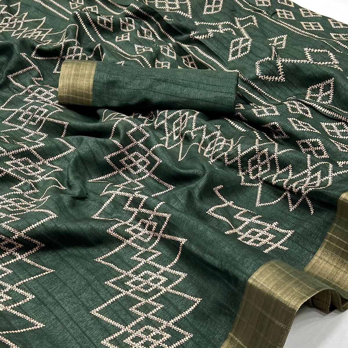 Bottle Green Printed Cotton Blend Saree With Zari Border