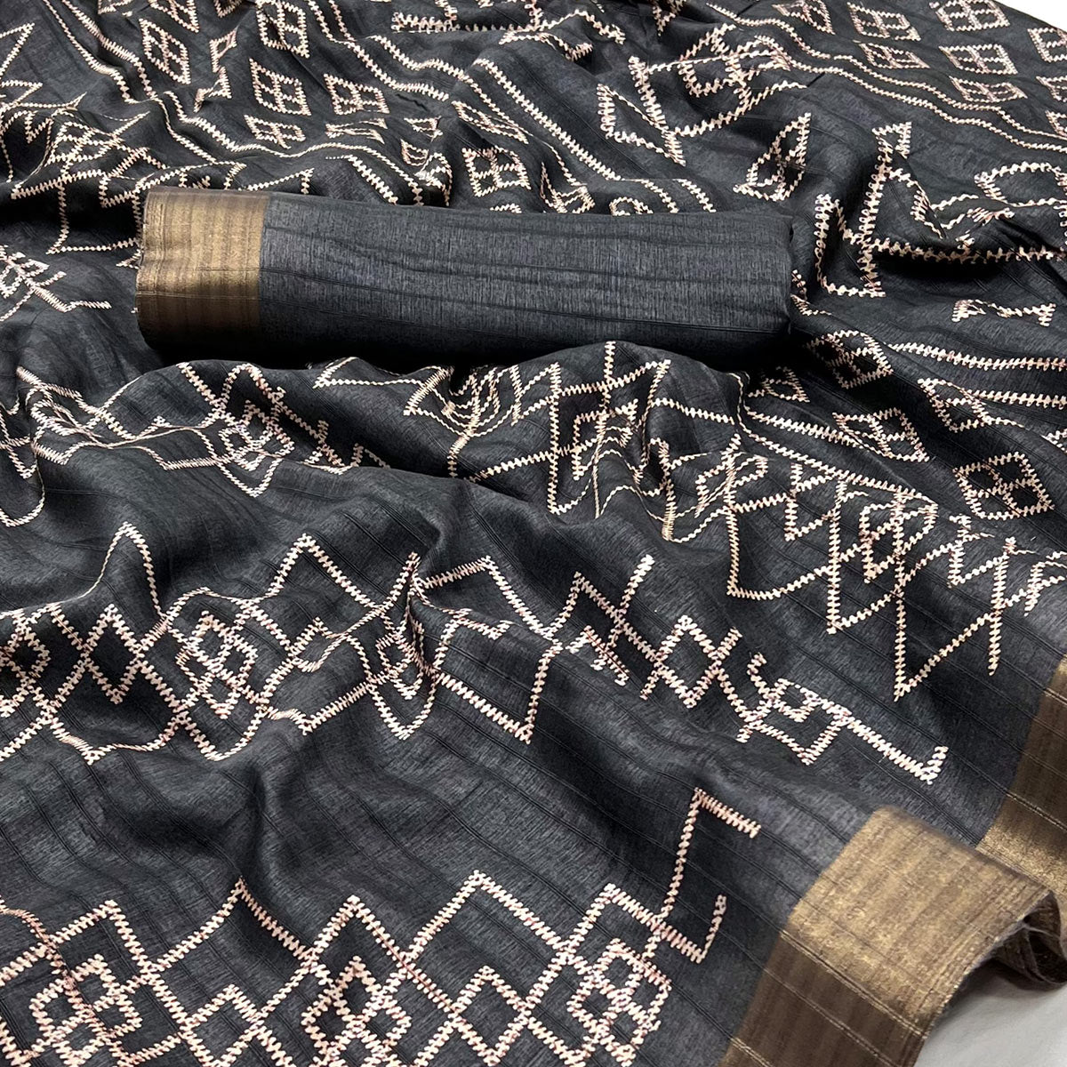 Grey Printed Cotton Blend Saree With Zari Border