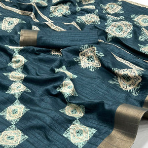 Dark Teal Blue Printed Cotton Blend Saree With Zari Border