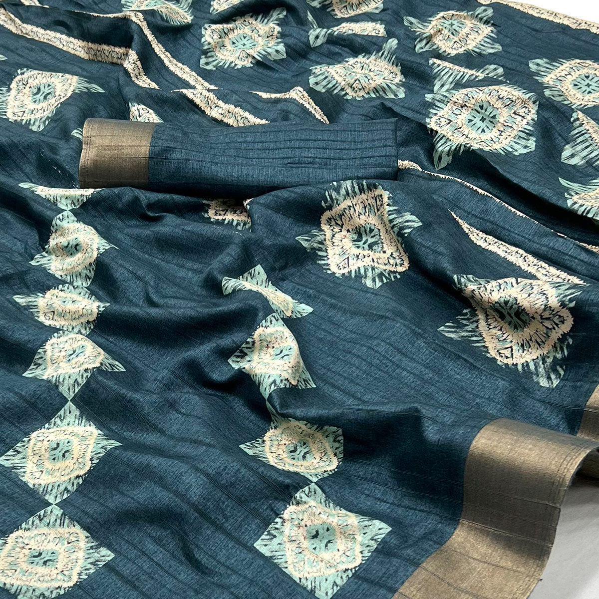 Dark Teal Blue Printed Cotton Blend Saree With Zari Border