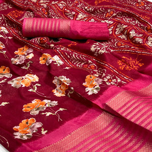 Maroon Floral Printed Dola Silk Saree With Woven Border
