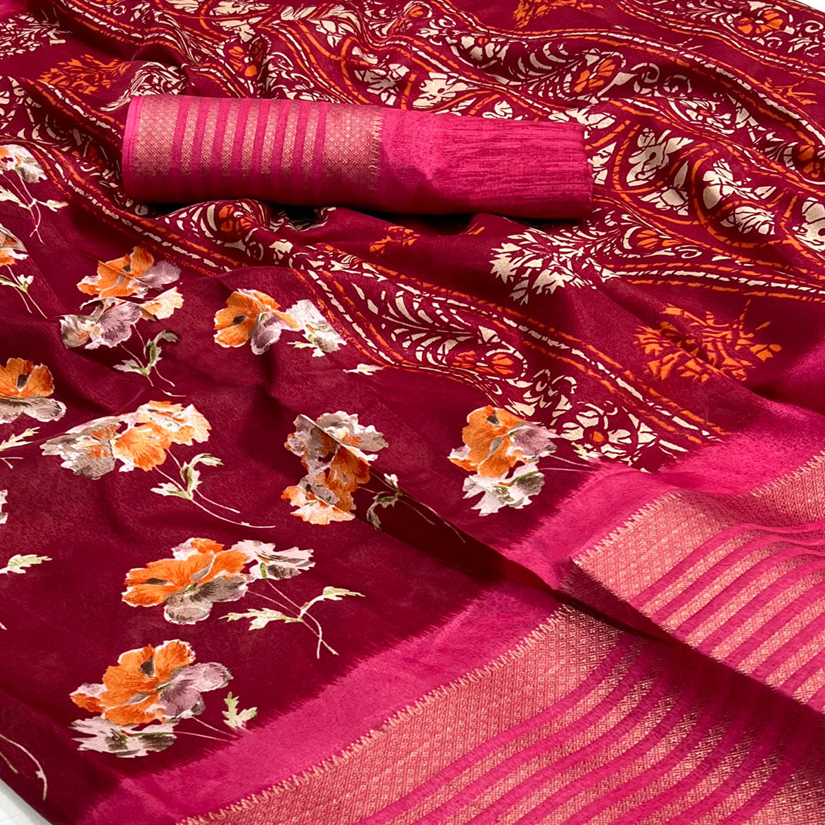 Maroon Floral Printed Dola Silk Saree With Woven Border