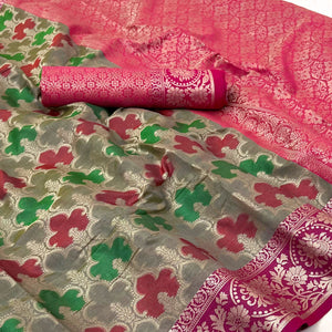 grey-rani-pink-floral-woven-organza-saree
