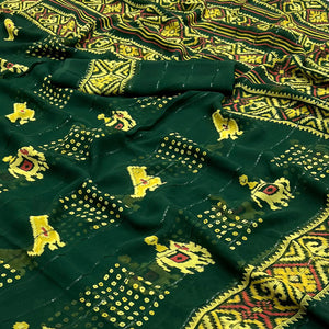 Bottle Green Bandhani Printed With Sequins Work Georgette Saree