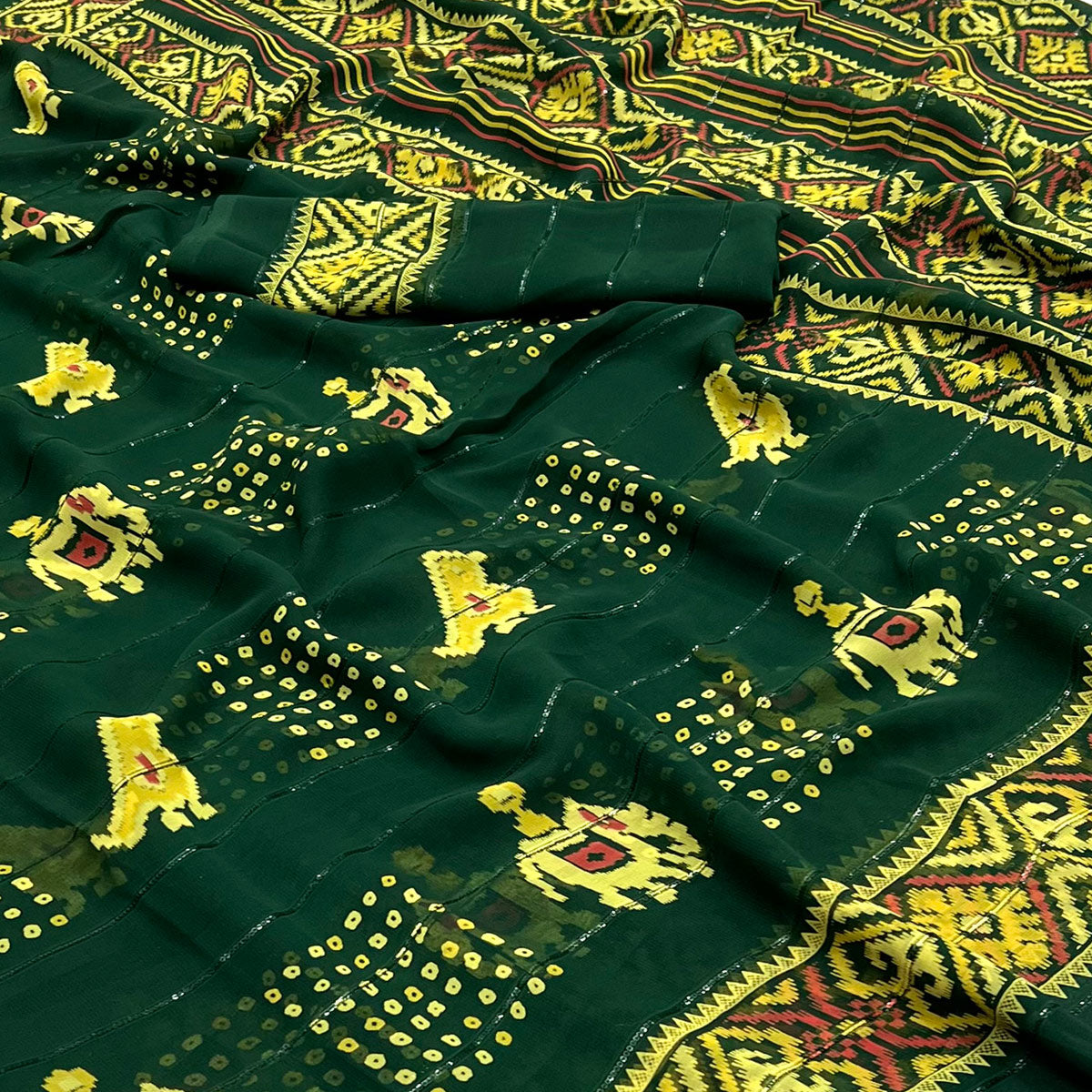 Bottle Green Bandhani Printed With Sequins Work Georgette Saree