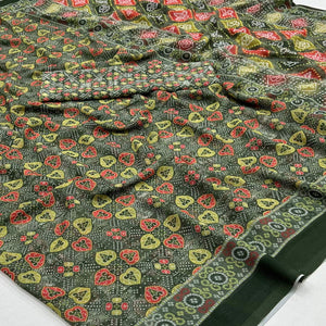 Bottle Green Bandhani Digital Printed Georgette Saree