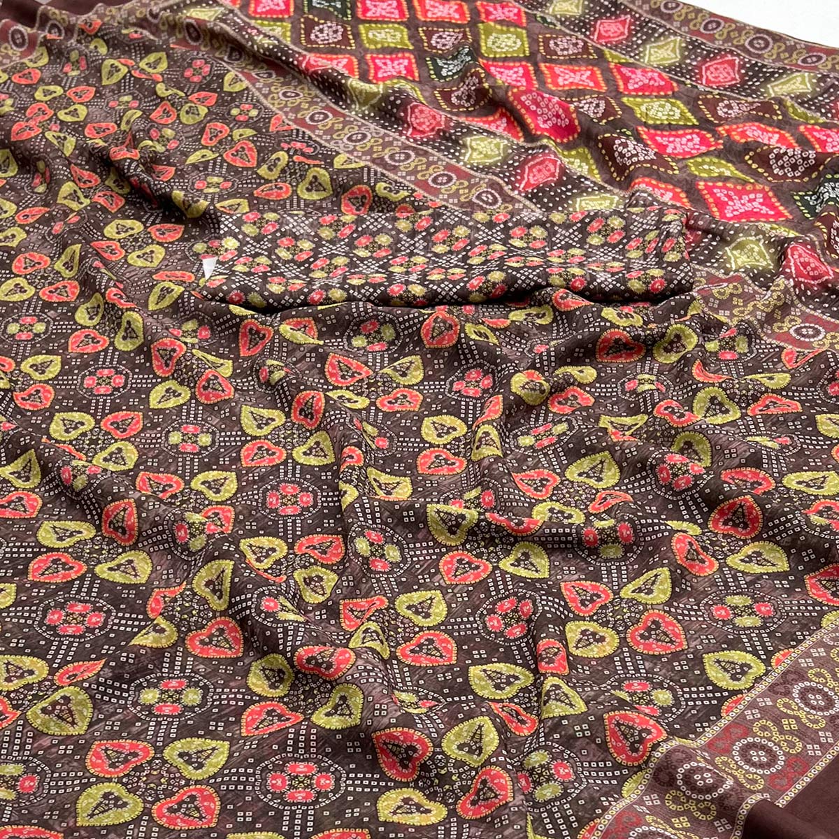 Brown Bandhani Digital Printed Georgette Saree