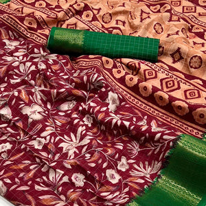 Maroon Floral Printed Dola Silk Saree With Woven Border