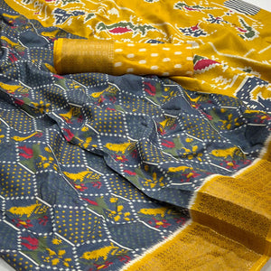 Grey Printed Dola Silk Saree With Woven Border