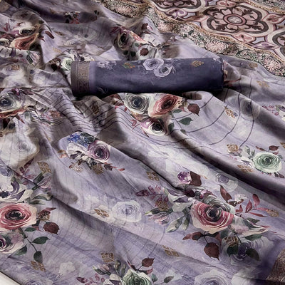 Light Purple Floral Digital Printed Cotton Silk Saree With Zari Border