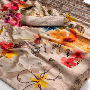 Chikoo Floral Digital Printed Cotton Silk Saree With Zari Border