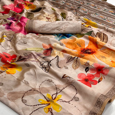 Chikoo Floral Digital Printed Cotton Silk Saree With Zari Border