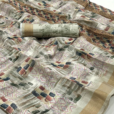Chikoo Digital Printed Cotton Blend Saree With Woven Border
